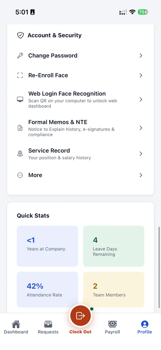 Mobile app: account and security with face re-enrollment and web login