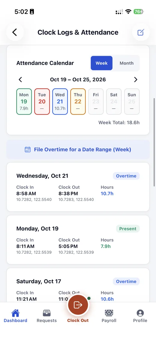 Mobile app: attendance calendar with daily time record