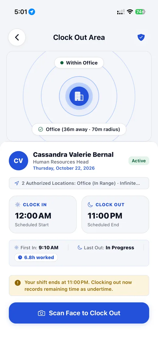 Mobile app: clock-out screen showing the employee within the office geofence