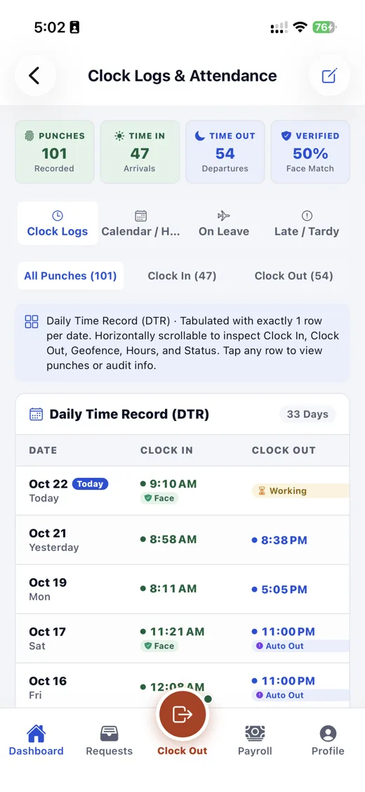 Mobile app: clock logs and daily time record