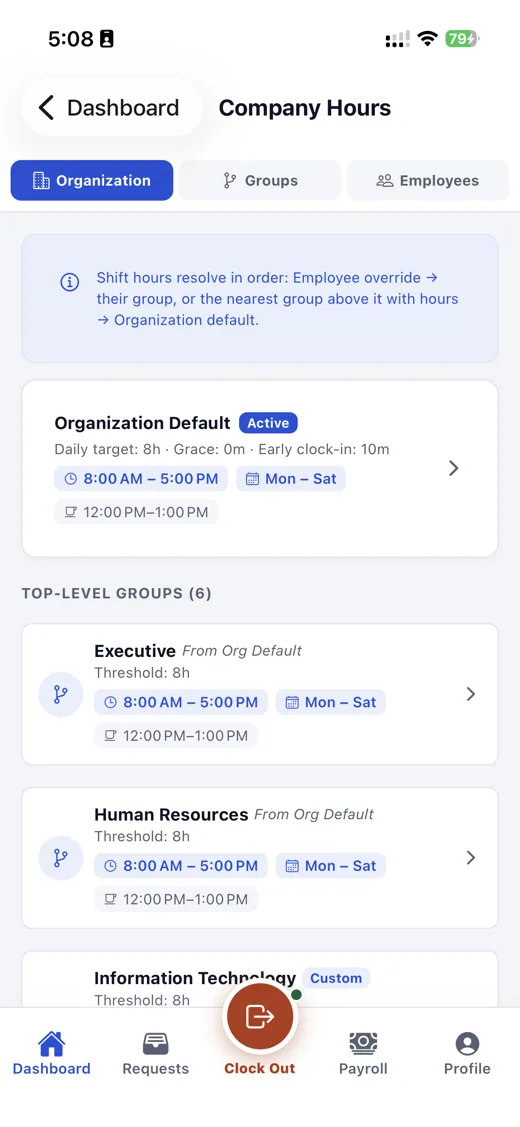 Mobile app: company hours with organization default and group schedules