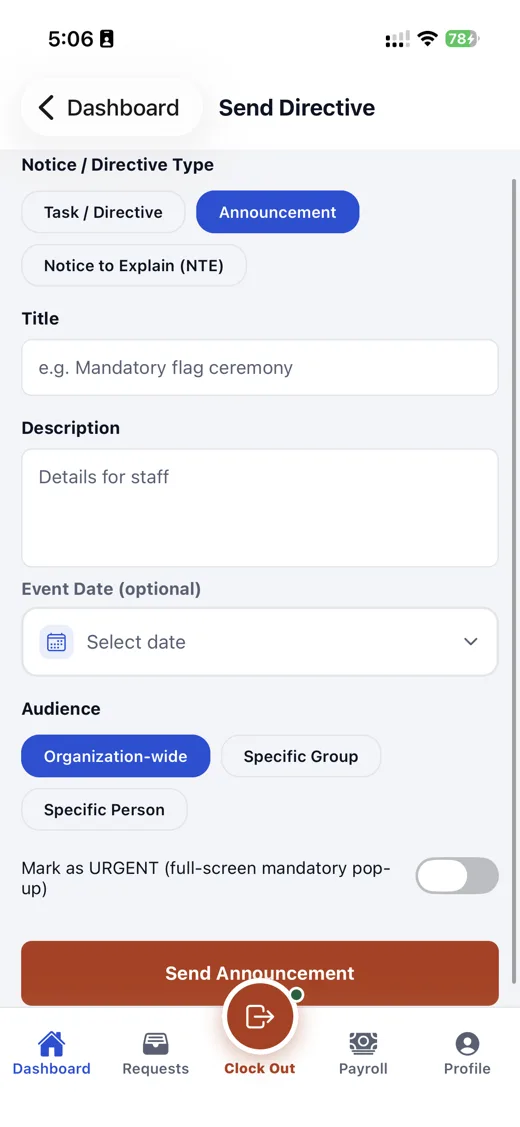 Mobile app: send directive form