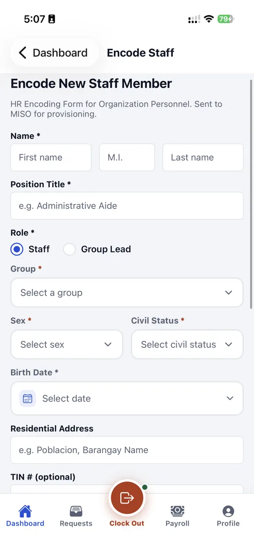 Mobile app: encode new staff member form