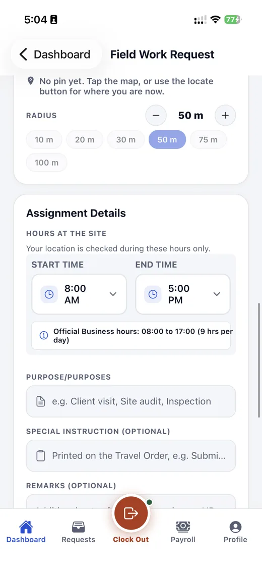 Mobile app: field work location pinned on a map with radius