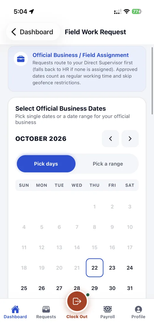 Mobile app: field work request with date picker
