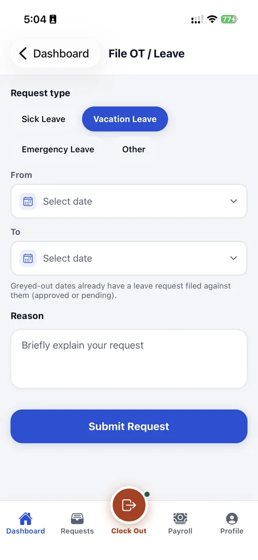 Mobile app: file overtime or leave form
