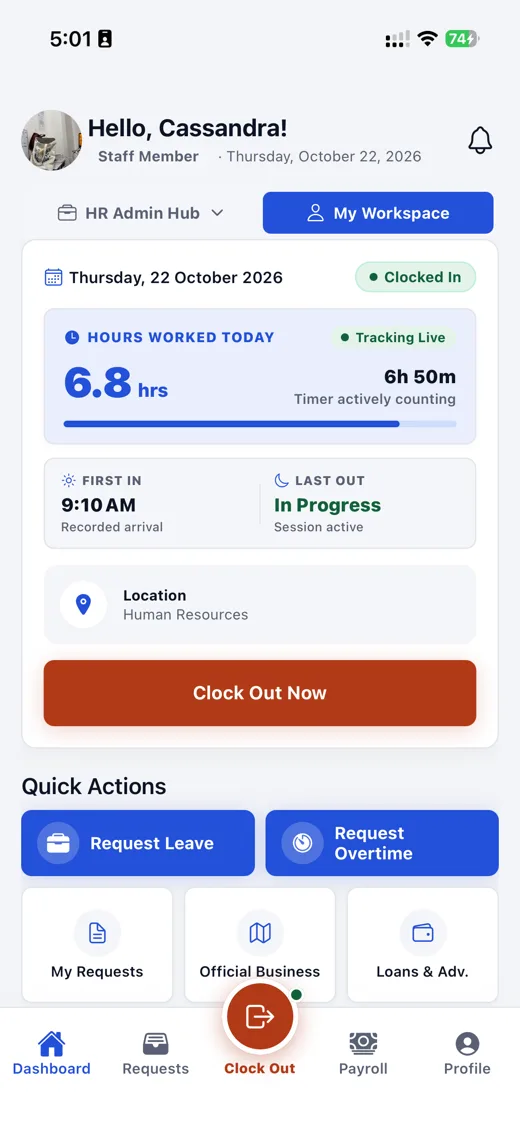 Mobile app: home with hours worked today and quick actions