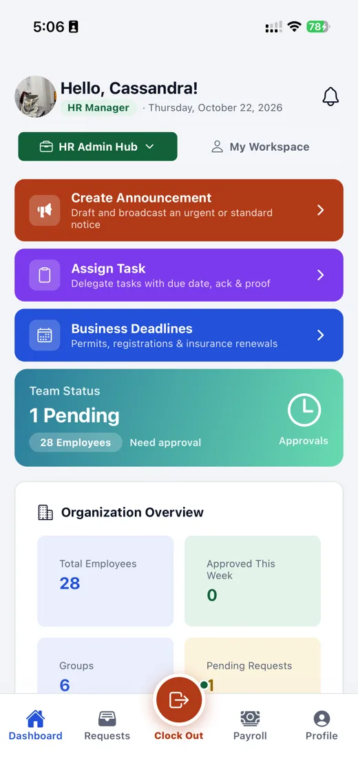 Mobile app: HR dashboard with announcement and task actions