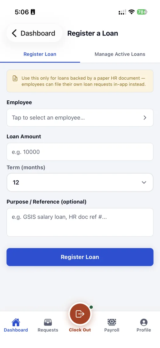 Mobile app: register a loan form