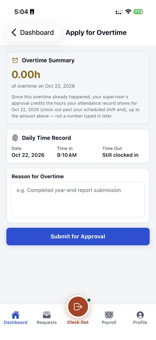 Mobile app: apply for overtime