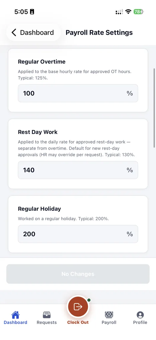 Mobile app: payroll rate settings for overtime, rest day and holiday work