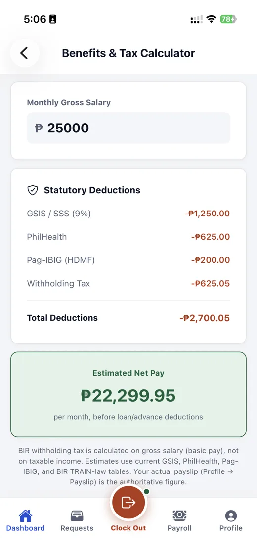 Mobile app: benefits and tax calculator with statutory deductions