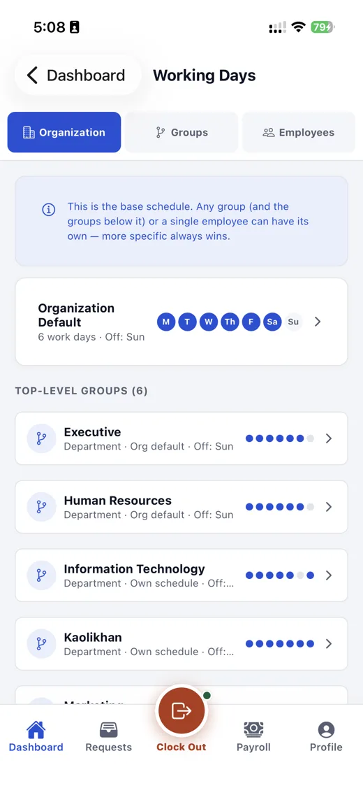 Mobile app: working days by organization, group and employee