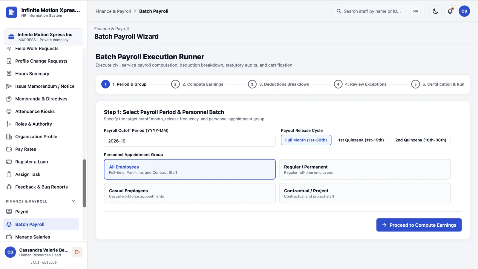 Web dashboard: batch payroll wizard, step 1 period and group