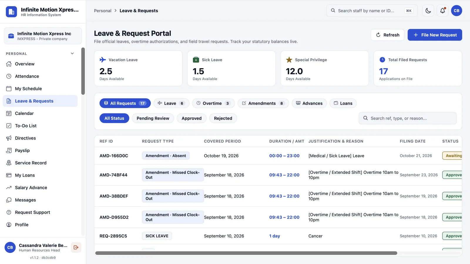 Web dashboard: leave and request portal with leave balances and request statuses