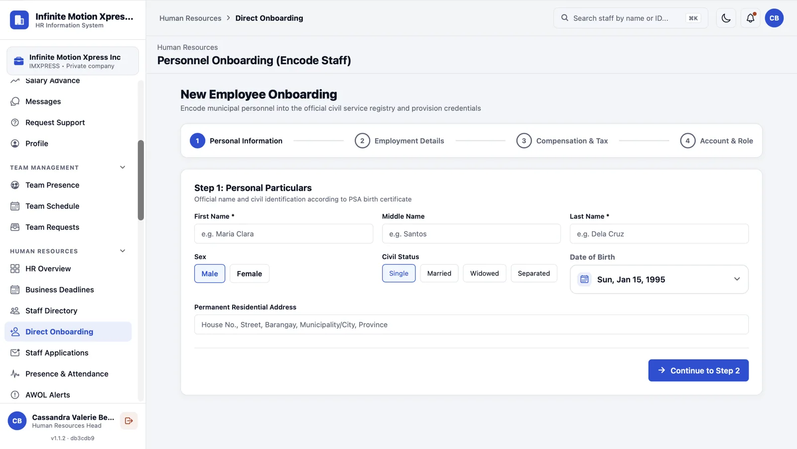 Web dashboard: new employee onboarding, step 1 personal particulars