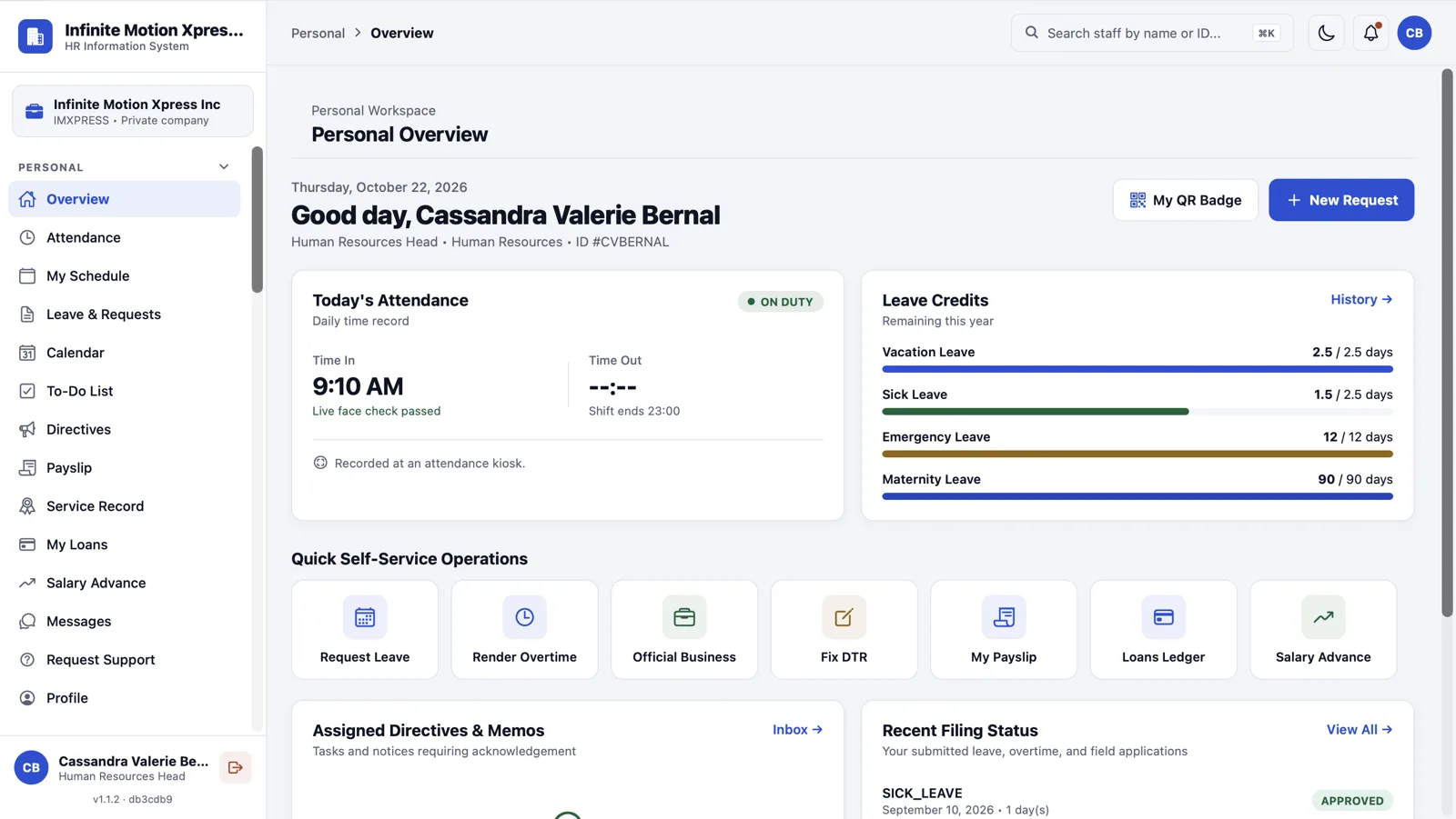 Web dashboard: personal overview with attendance, leave credits and quick self-service actions