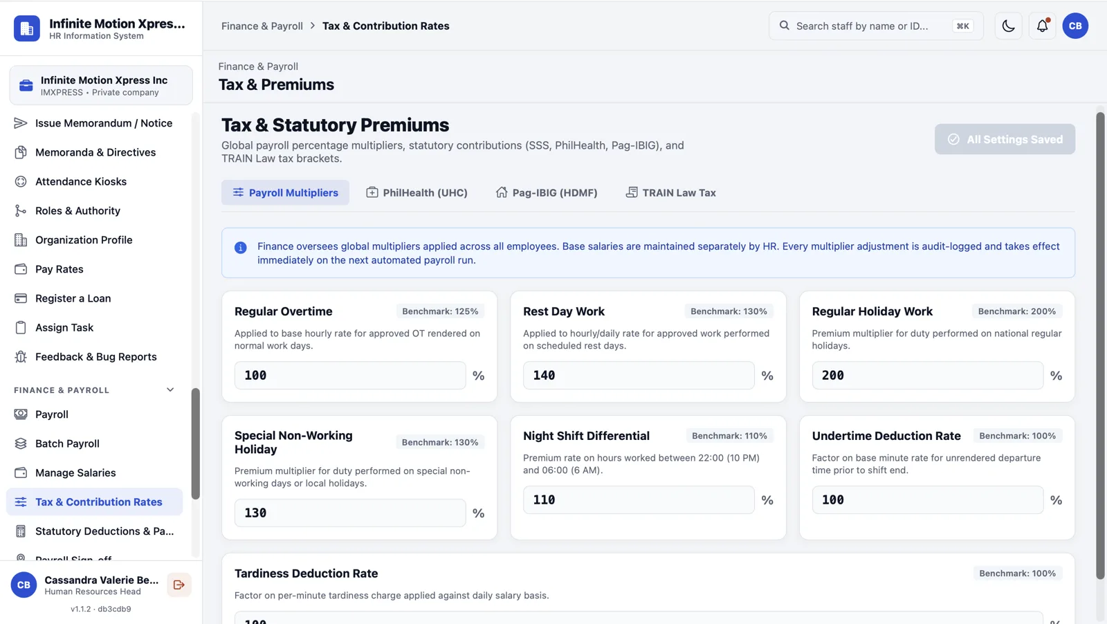 Web dashboard: tax and statutory premiums settings, showing payroll multipliers