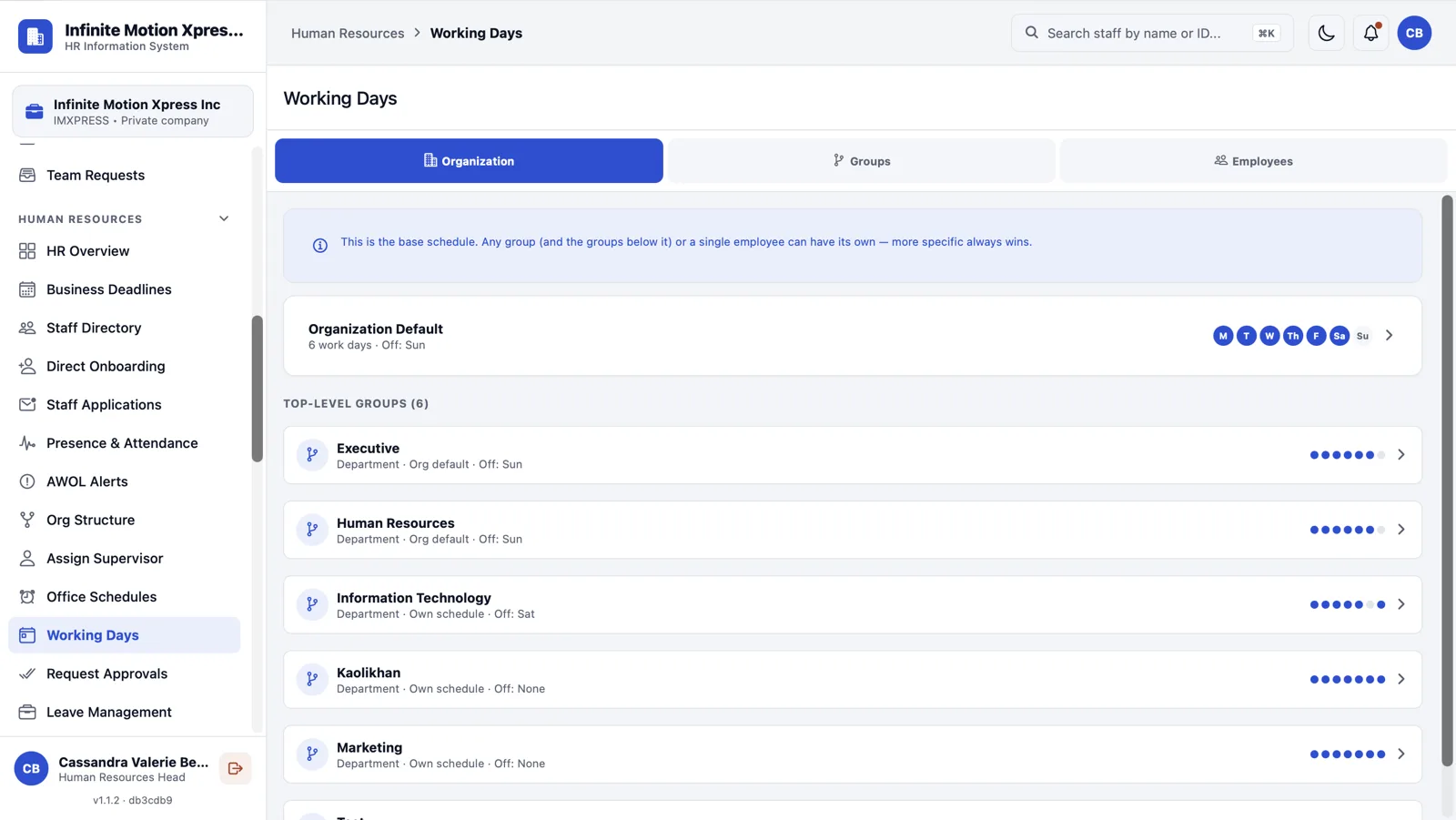Web dashboard: working days with organization default and group schedules